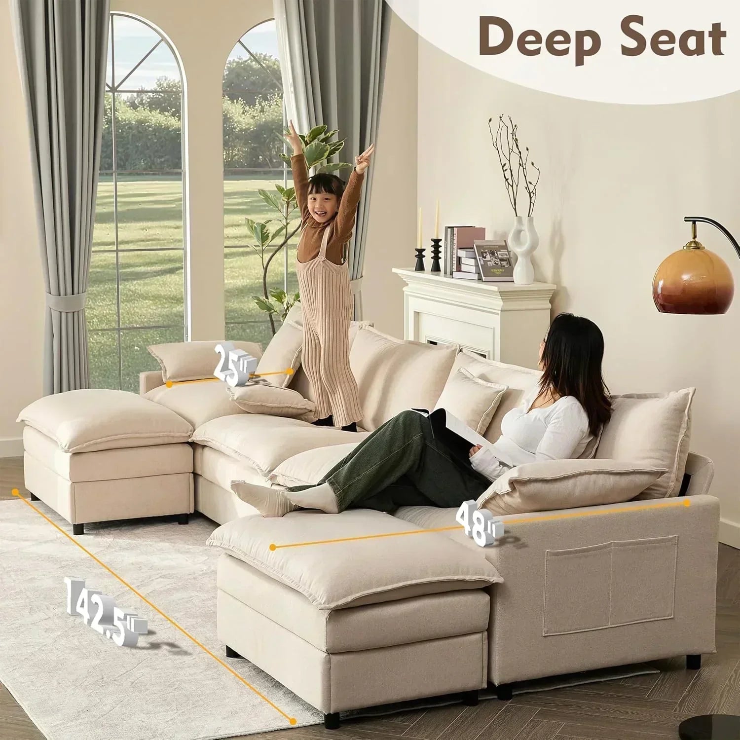 108 Inch U Shape Sofa Sectional Sofa Comfortable Cloud Sofa Living Room Deep Seat Sofa wourant