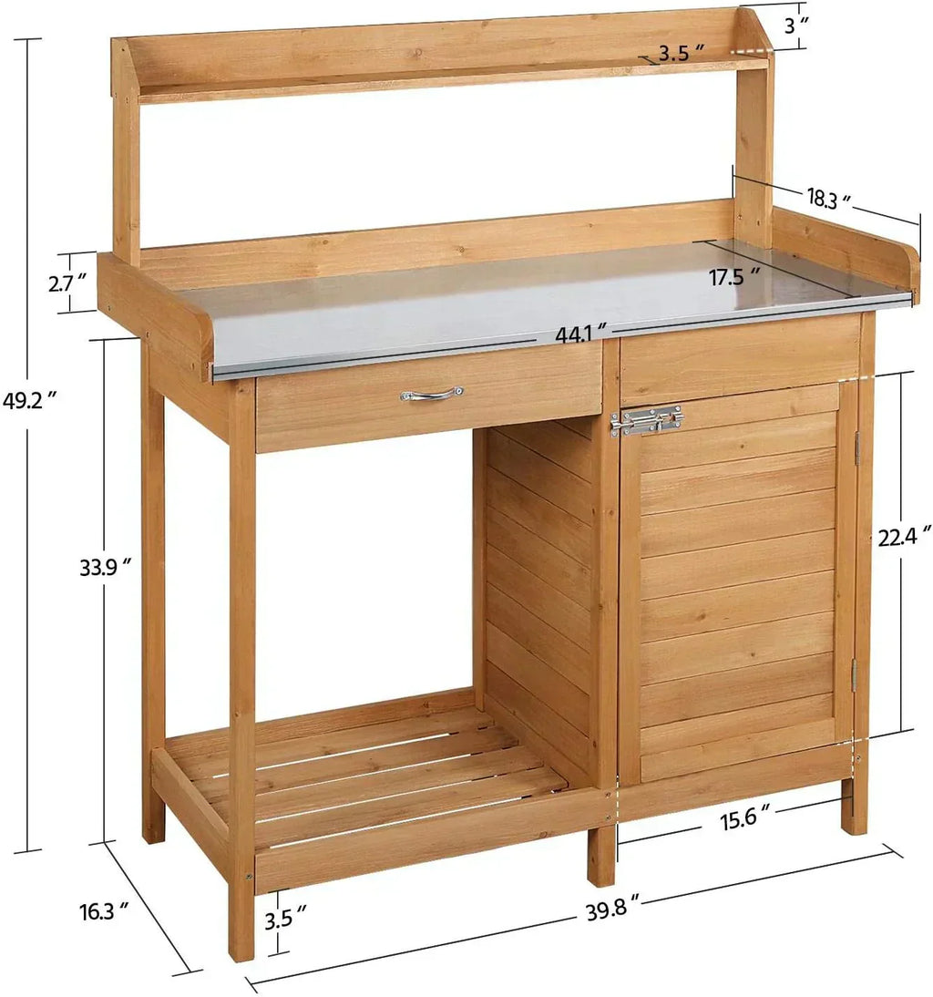 Yaheetech Outdoor Garden Potting Bench Table Work Bench Metal Tabletop Cabinet Drawer wourant