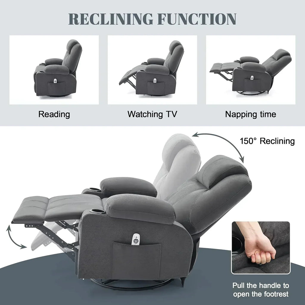 Large Swivel Rocking Recliner with Massage Function 360 Degree Swivel Rocking Single Sofa wourant