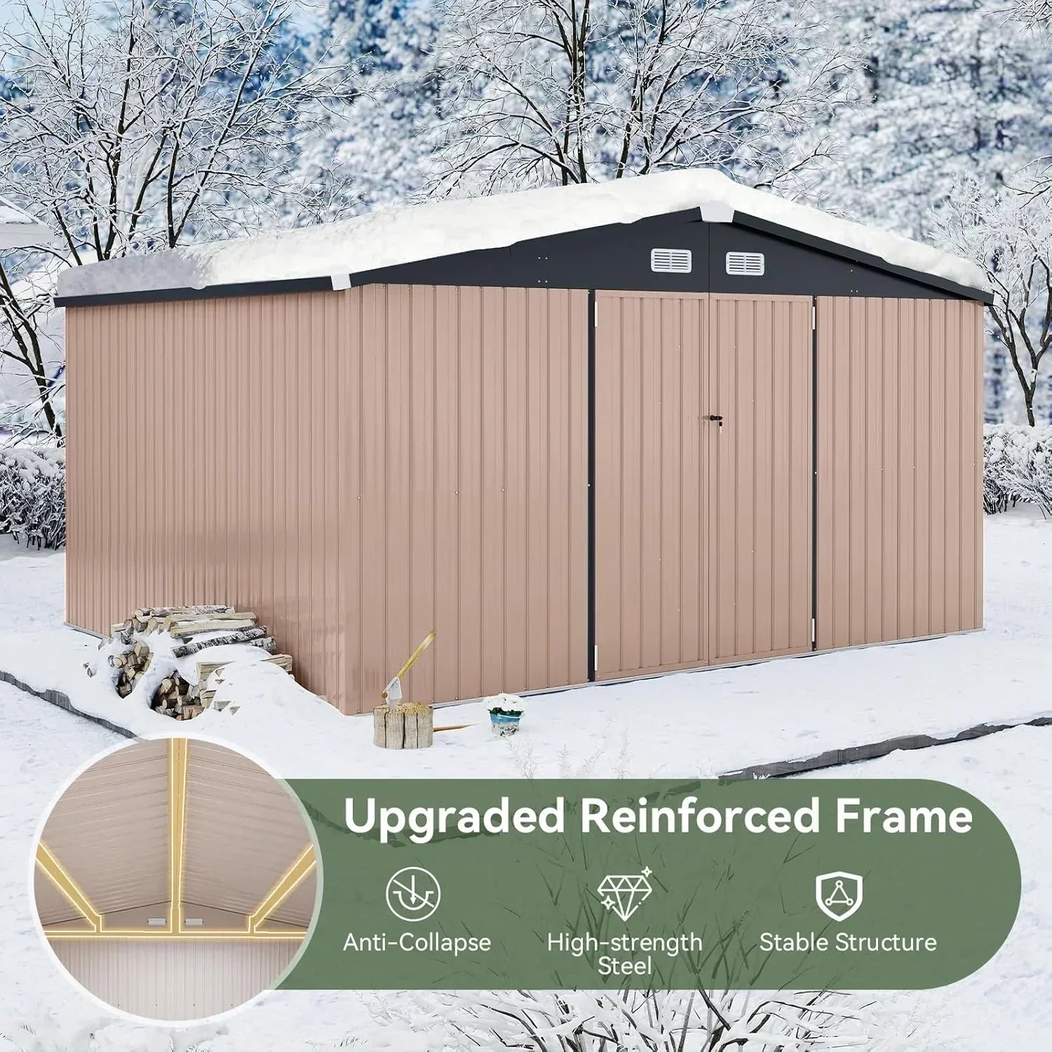 Aoxun 12x10 FT Shed Metal Outdoor Waterproof Storage Shed Steel Utility Garden Tool Shed wourant