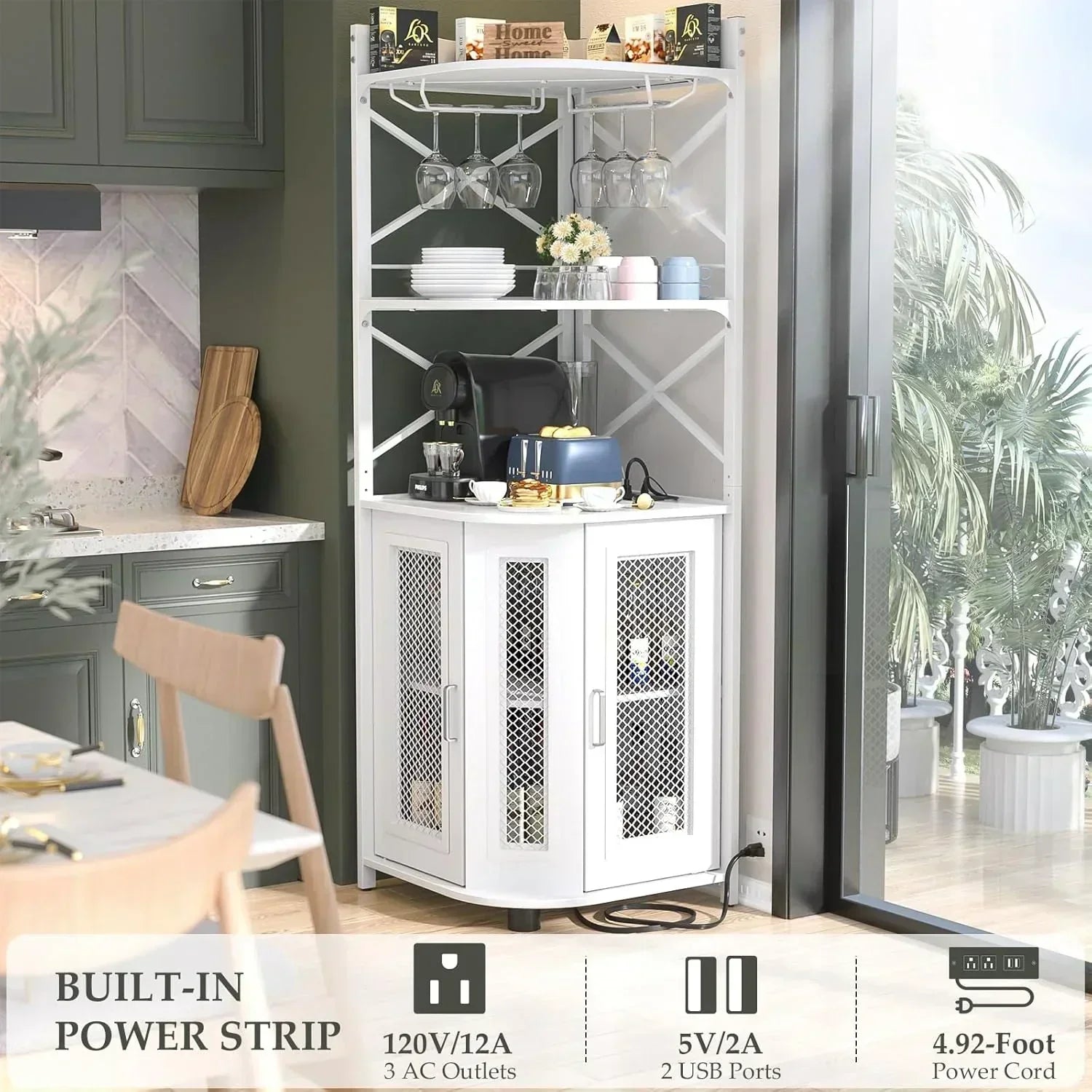 Corner bar cabinet with power socket industrial style wine cabinet light strip and glass rack wourant