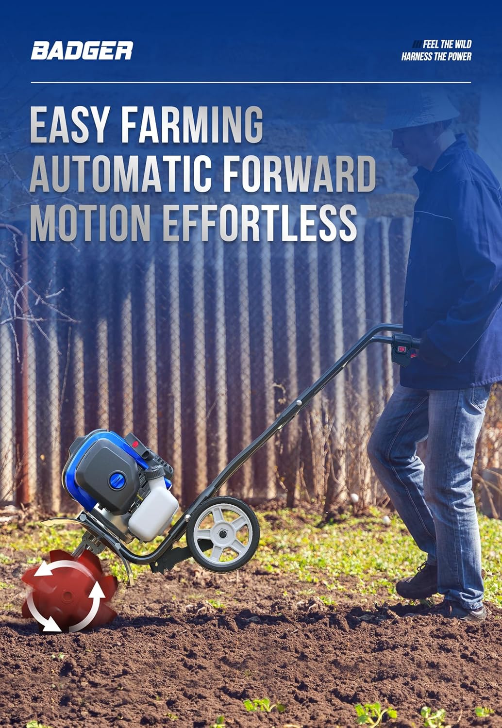 Garden Tiller 53cc Mini Cultivator 15 inch Powerful Liftable Booster Rod Tilling Tool wourant