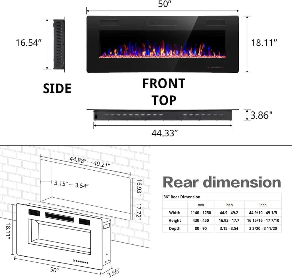 R.W.FLAME 60" Recessed and Wall Mounted Electric Fireplace Low Noise Fit for 2 x 6 Stud wourant
