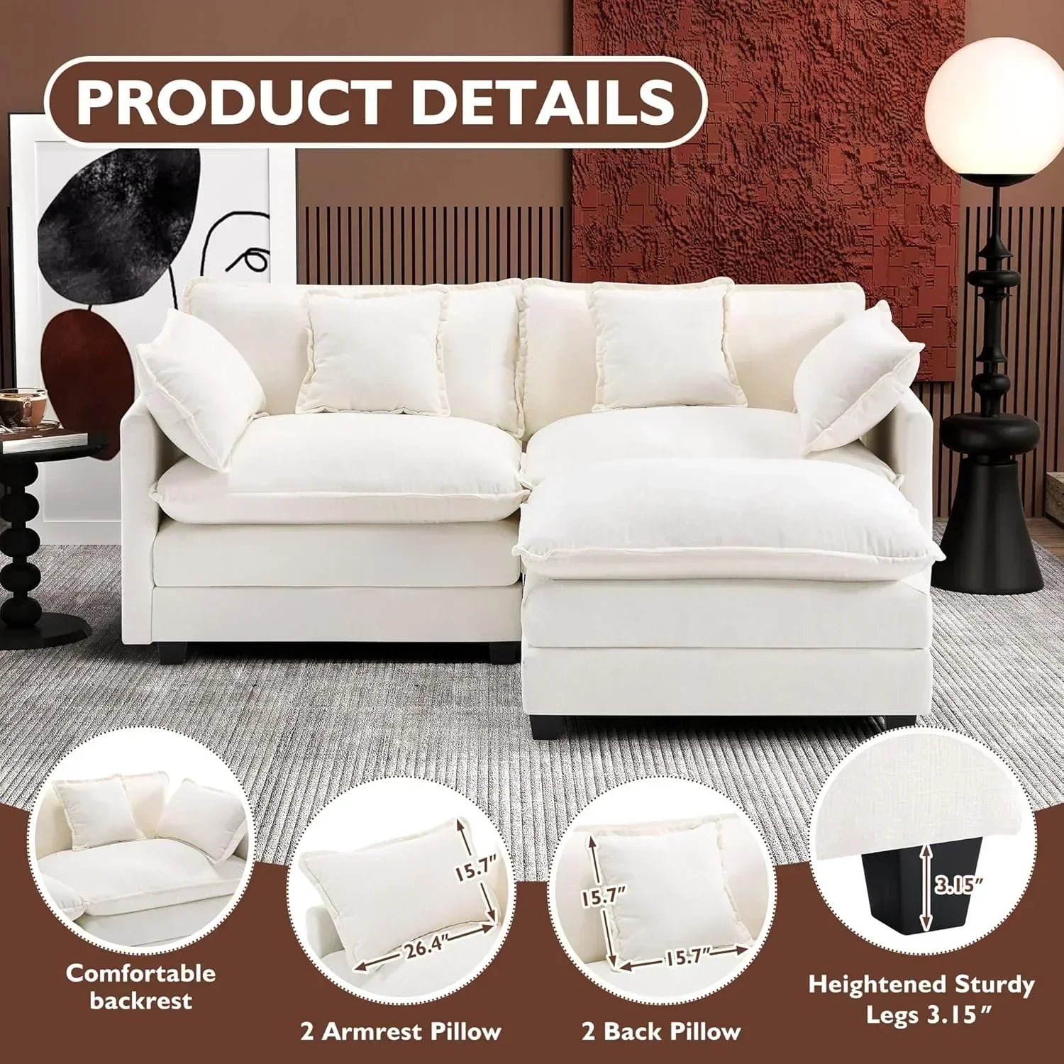 111.4 Inch L Shaped Modern Sofa Modular Cloud Sofa with Ottoman 4 Seater Chenille Deep Seat Sofa wourant