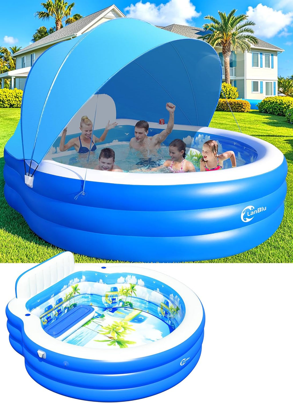 2025 Upgraded Inflatable Pool with Canopy Inflatable Family Lounge Pool Round Blow Up Pool wourant