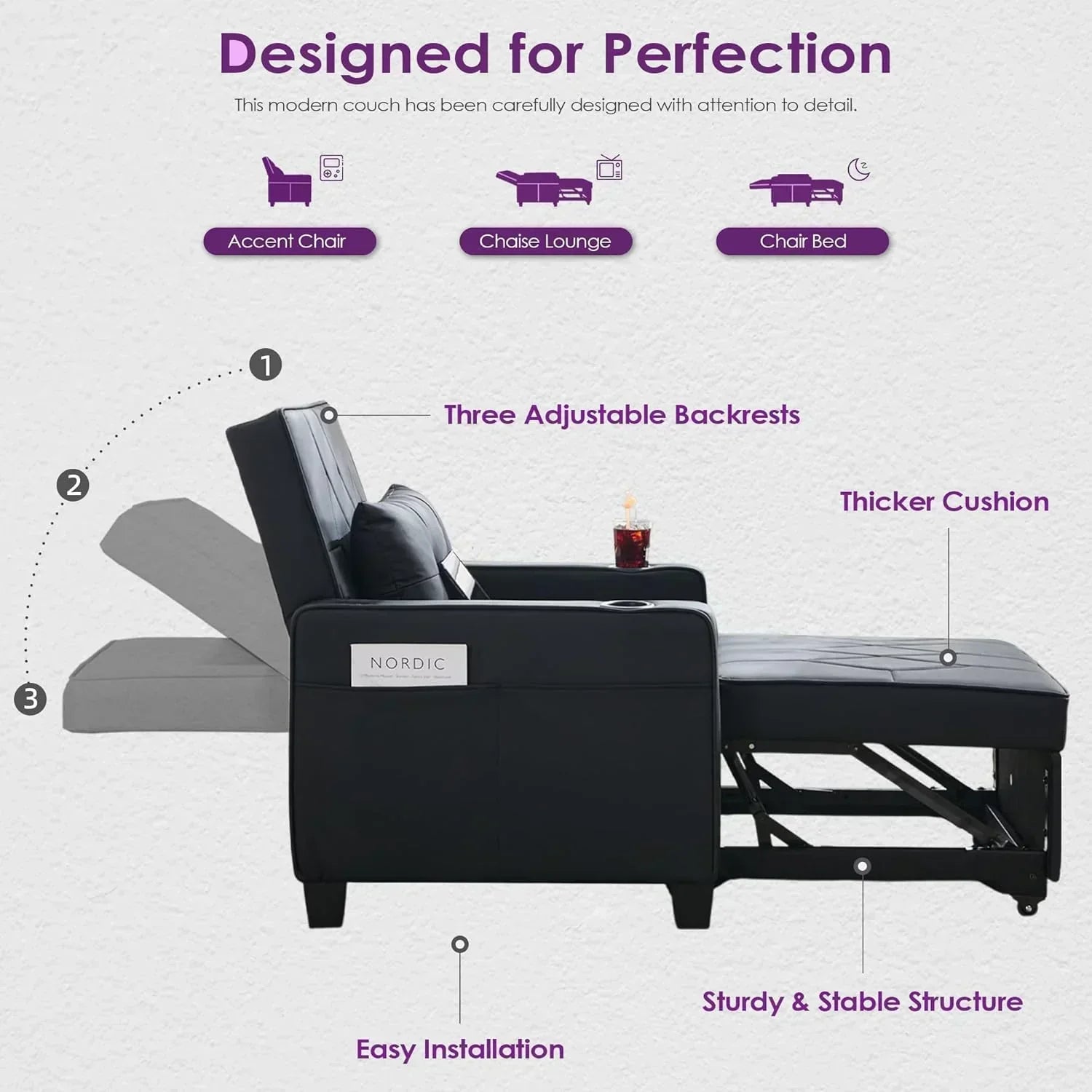 Adult Convertible Sleeper Chair Bed 3-in-1 Pull-Out Sofa Bed with USB/Type-C Ports Cup Holders wourant