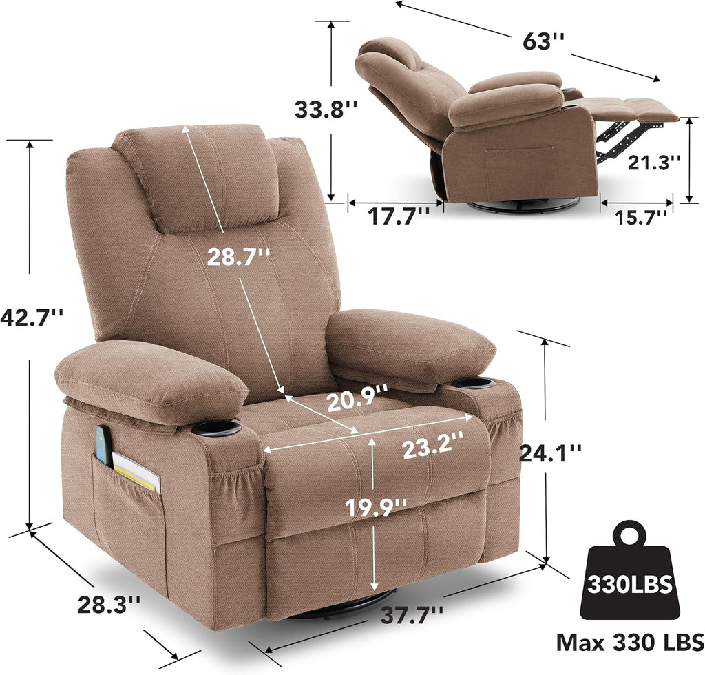 Large Swivel Rocking Recliner with Massage Function 360 Degree Swivel Rocking Single Sofa wourant