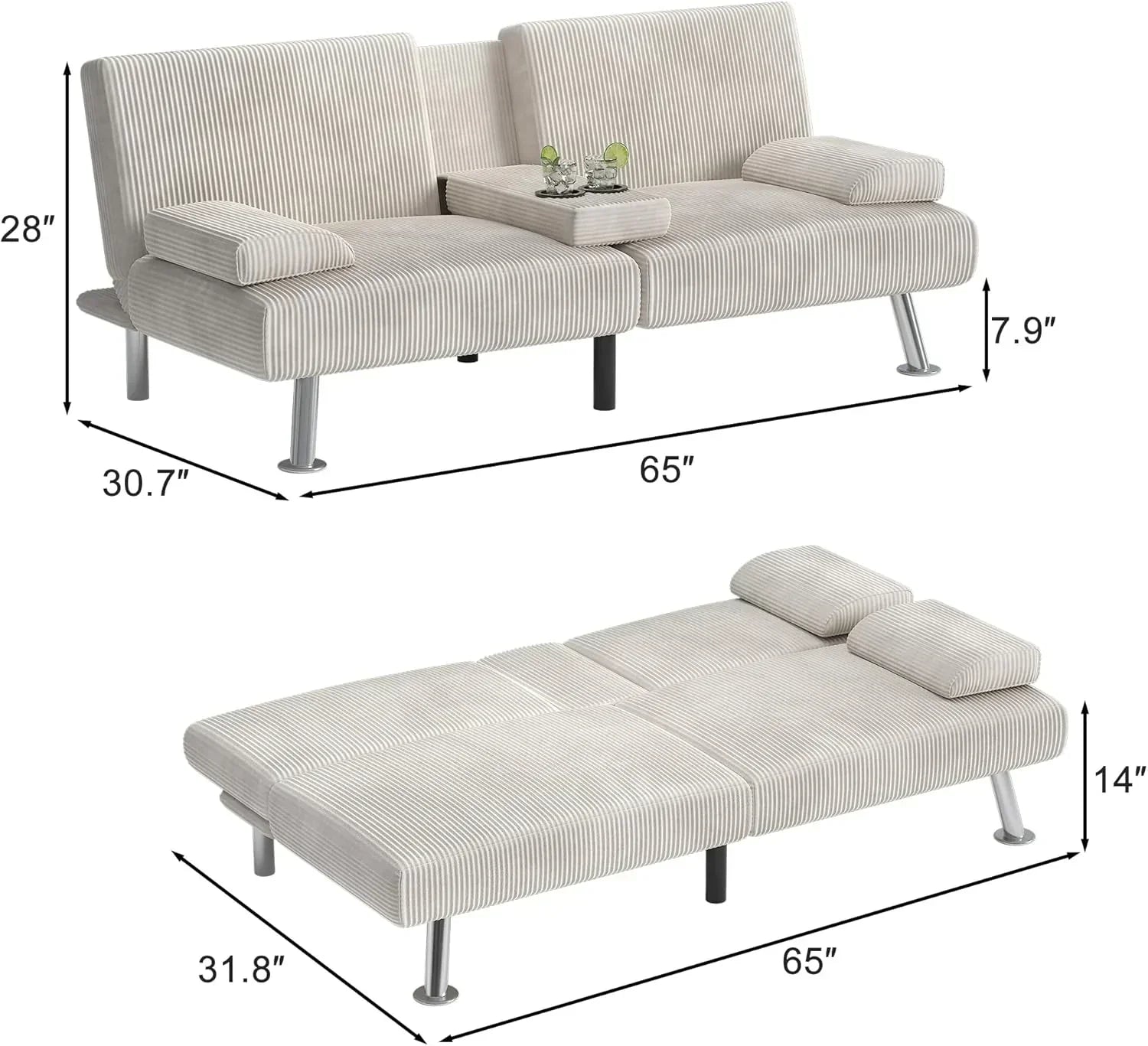 Shahoo Modern Linen Upholstered Convertible Folding Futon Sofa Bed with Removable Armrests wourant