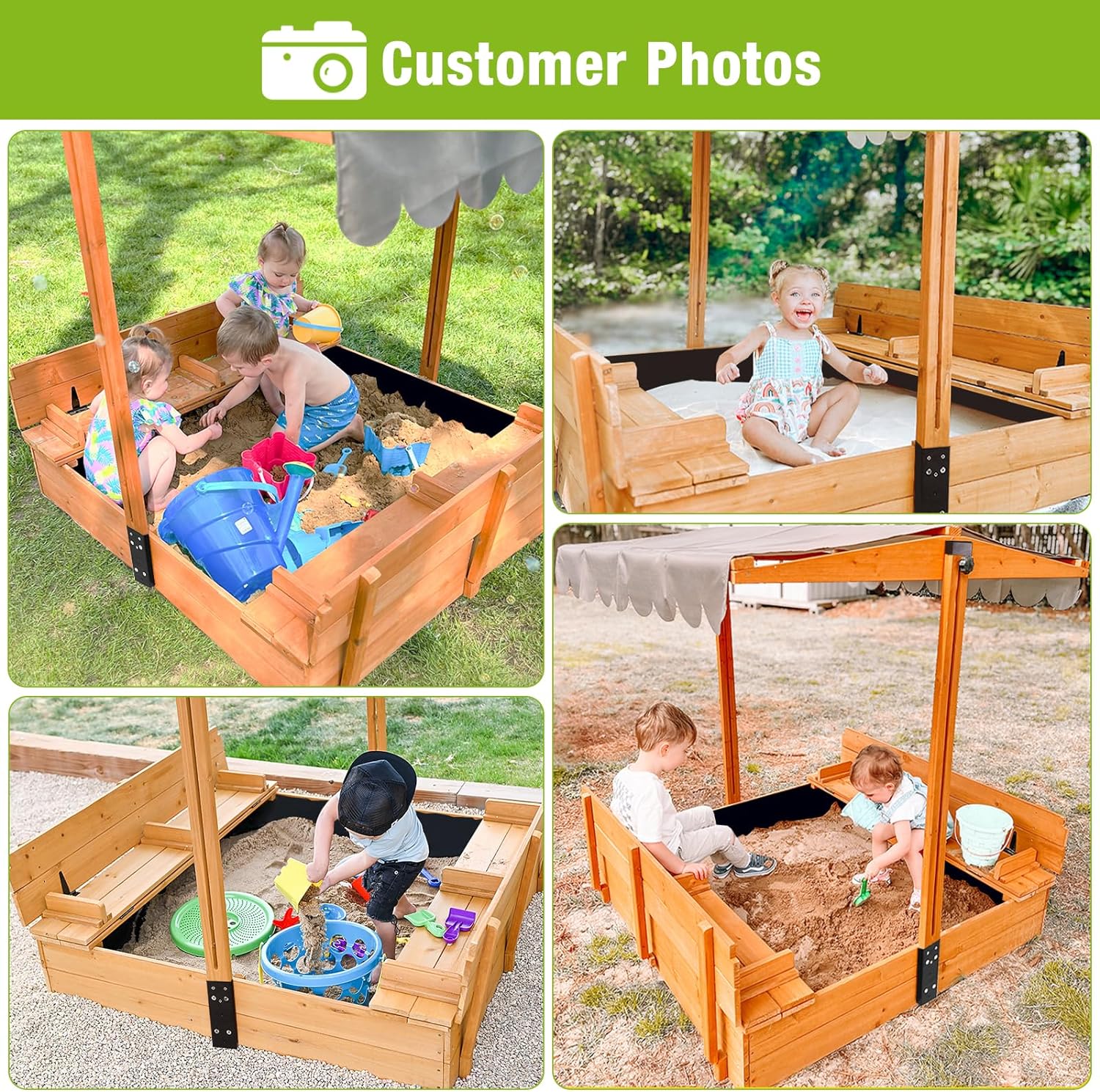 Kids Wooden Outdoor Sandbox Canopy 2 Foldable Bench Seats Retractable Roof Sand Protection Liner wourant