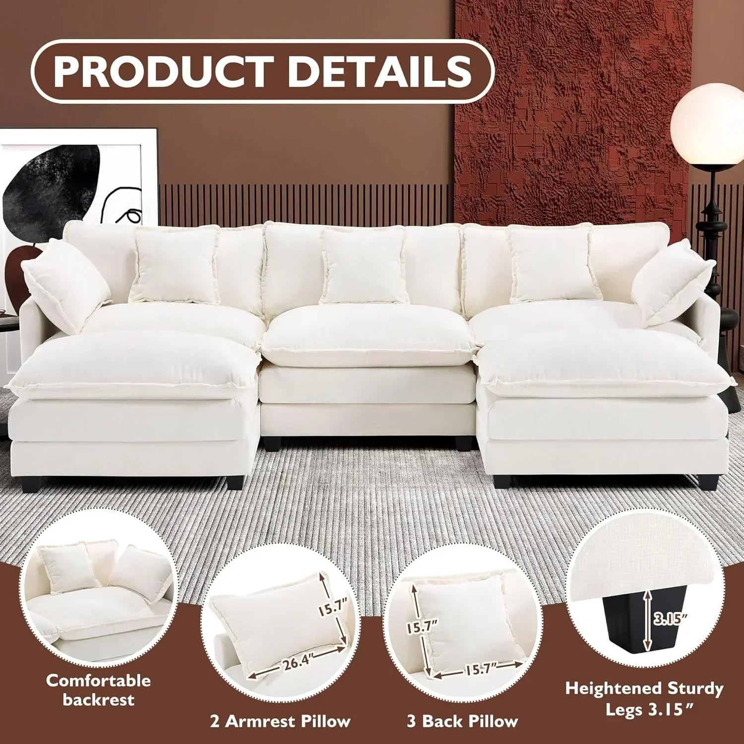 ihanherry 146-inch U-shaped modern sofa modular area cloud sofa wourant