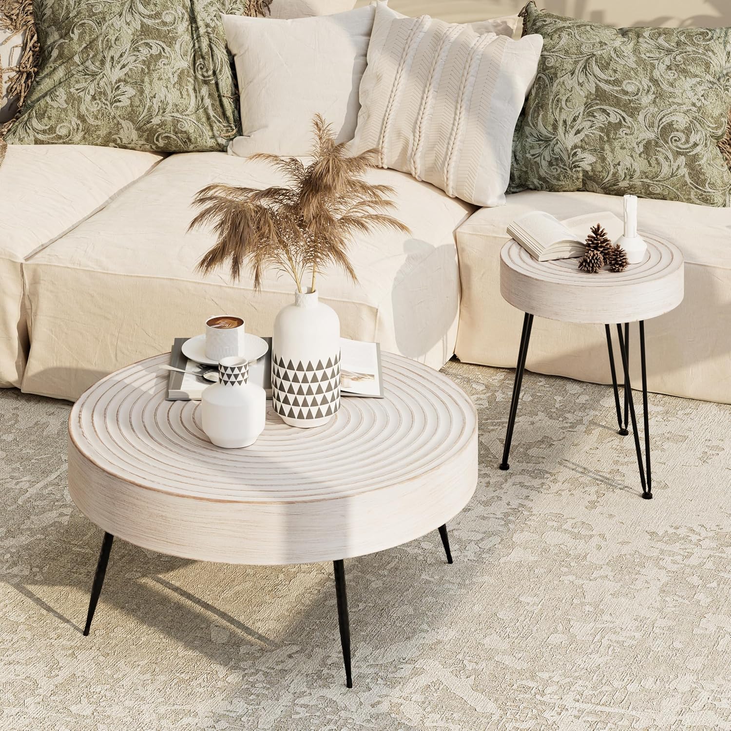 Two-Piece Modern Farmhouse Living Room Coffee Table Set Round Nesting Tables wourant