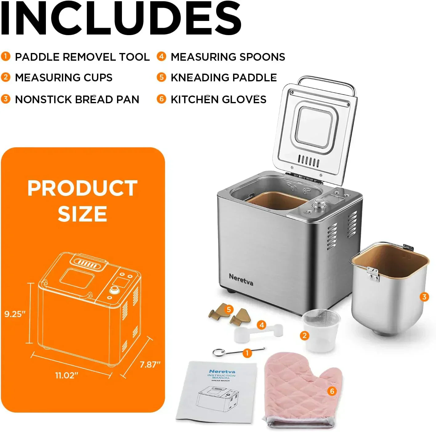 Neretva Bread Maker 20-in-1 2LB Bread Maker Dual Heater Bread Maker Automatic wourant