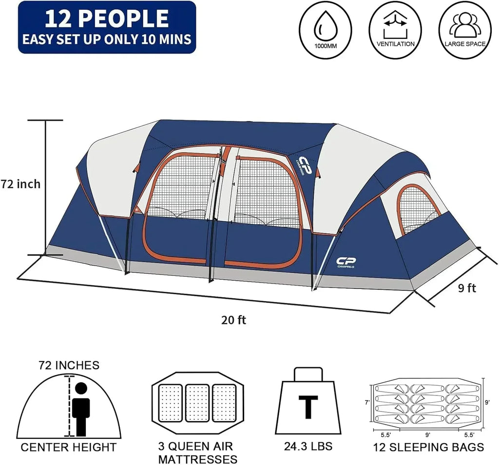 CAMPROS CP Tent 12-Person-Camping-Tents 3 Room Family Tents Waterproof Family Tent wourant