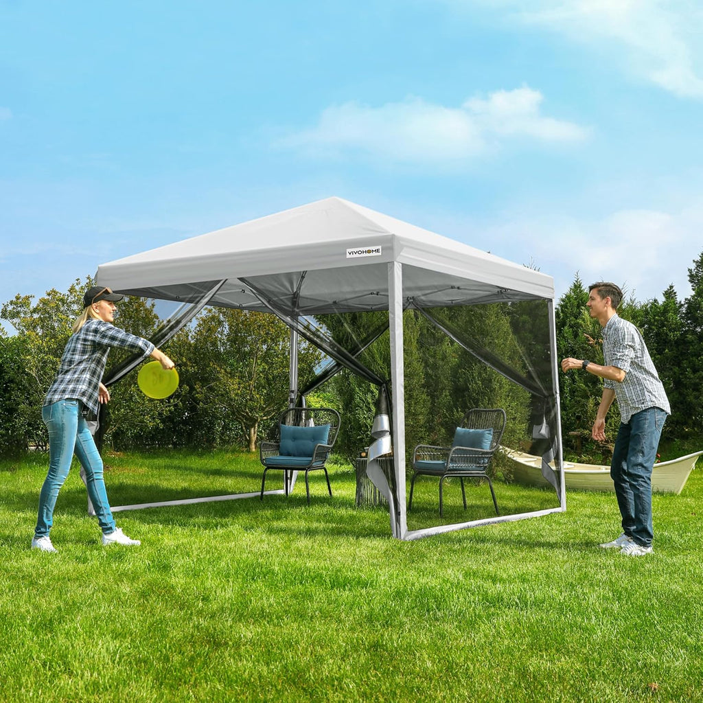10x10ft Easy Pop-Up Canopy Outdoor Screen Tent with Mosquito Netting 2 Zipper Doors Roller Bag wourant