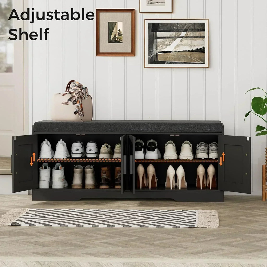 2-Tier Storage Bench Shoe Bench with Thickened Padded Seat Cushion Entryway Bench wourant