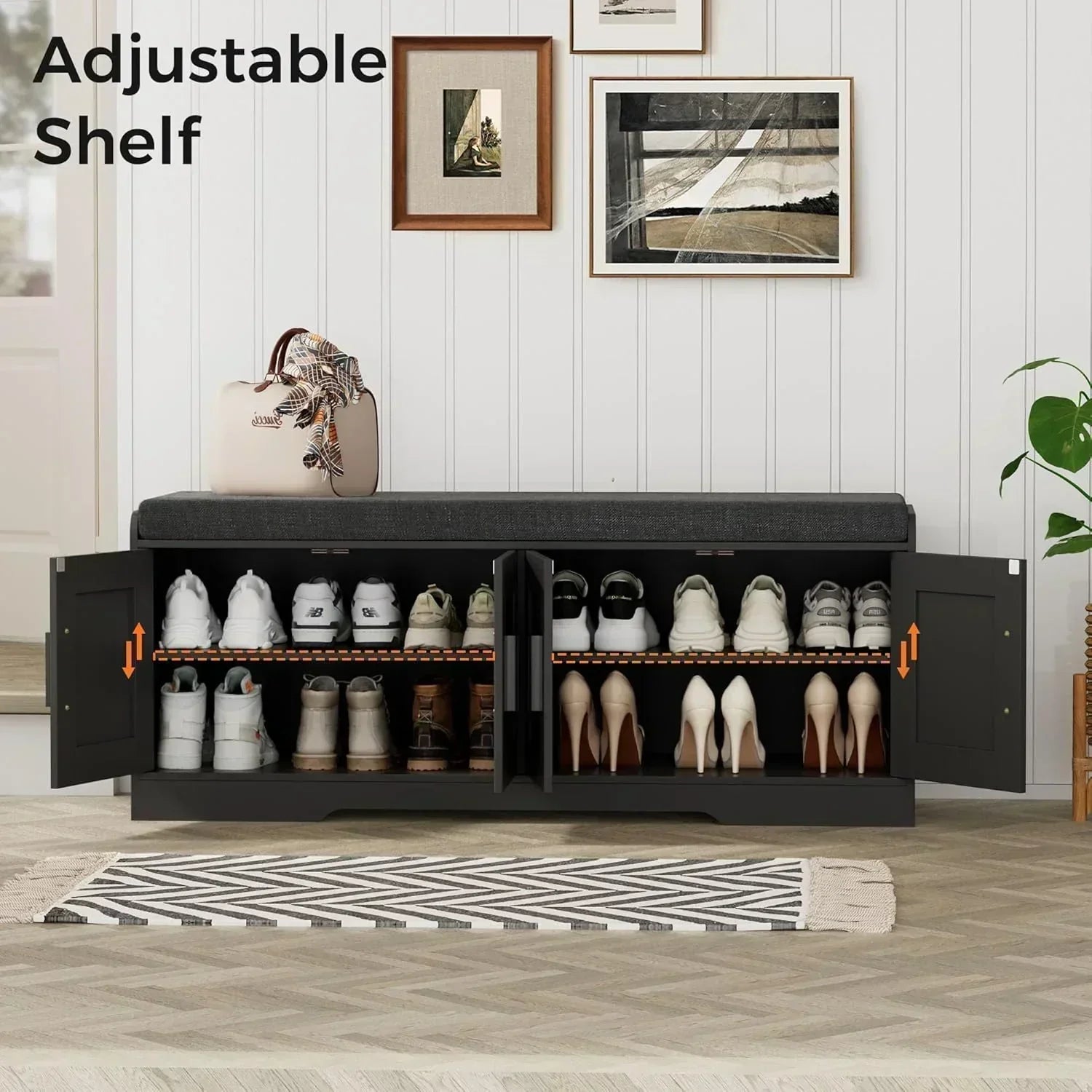 2-Tier Storage Bench Shoe Bench with Thickened Padded Seat Cushion Entryway Bench wourant