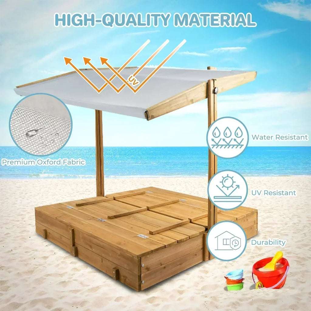 Kids Sandbox with Lid Wooden Sand Box Cover Outdoor UV-Protection Natural Wood Foldable Bench Seat wourant