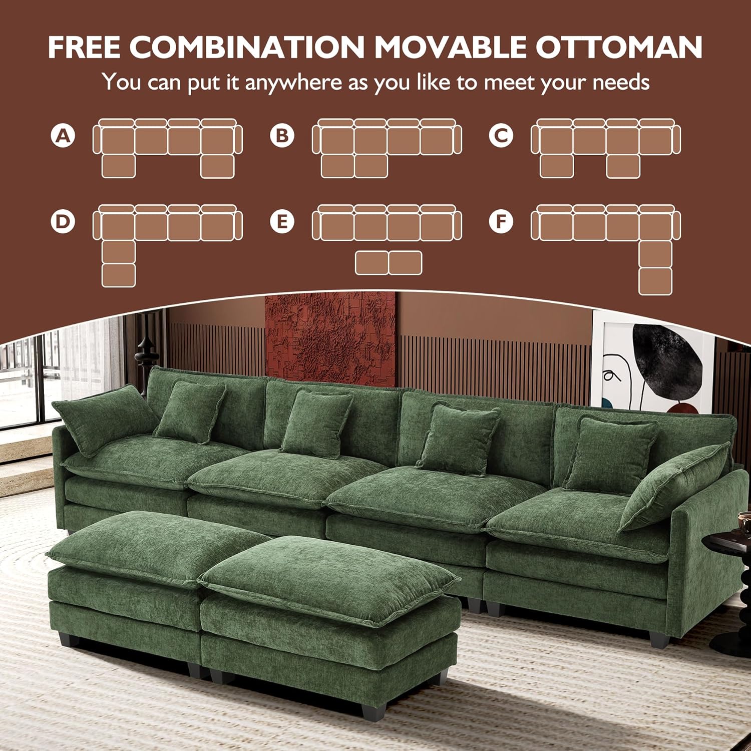 111.4 Inch L Shaped Modern Sofa Modular Cloud Sofa with Ottoman 4 Seater Chenille Deep Seat Sofa wourant