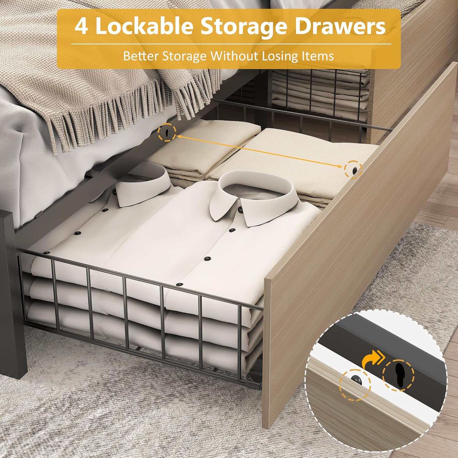 Lifezone Queen Bed Frame 2-Tier Storage Headboard Metal Platform Bed Frame 4 Storage Drawers wourant