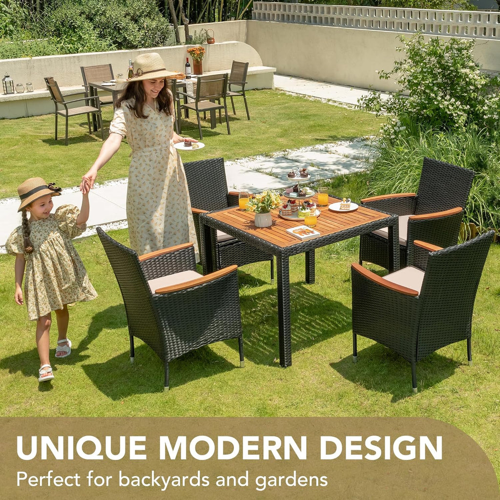 Devoko Dining 7 PCS Furniture Patio Conversation Set with Acacia Wood Table Top Rattan Outdoor wourant