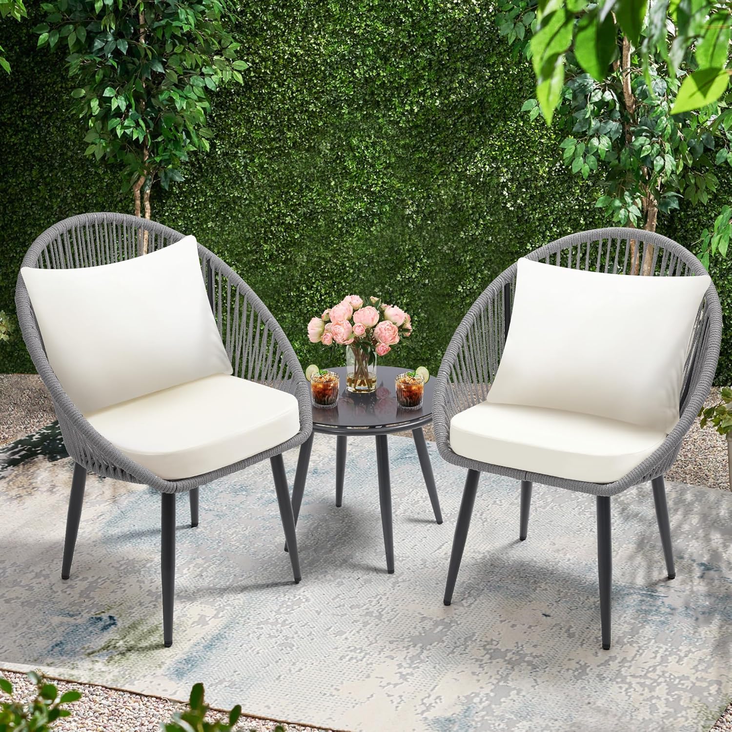 3 Piece Bistro Set Woven Rope Chair with Cushions All Weather Patio Conversation Set Side Table wourant