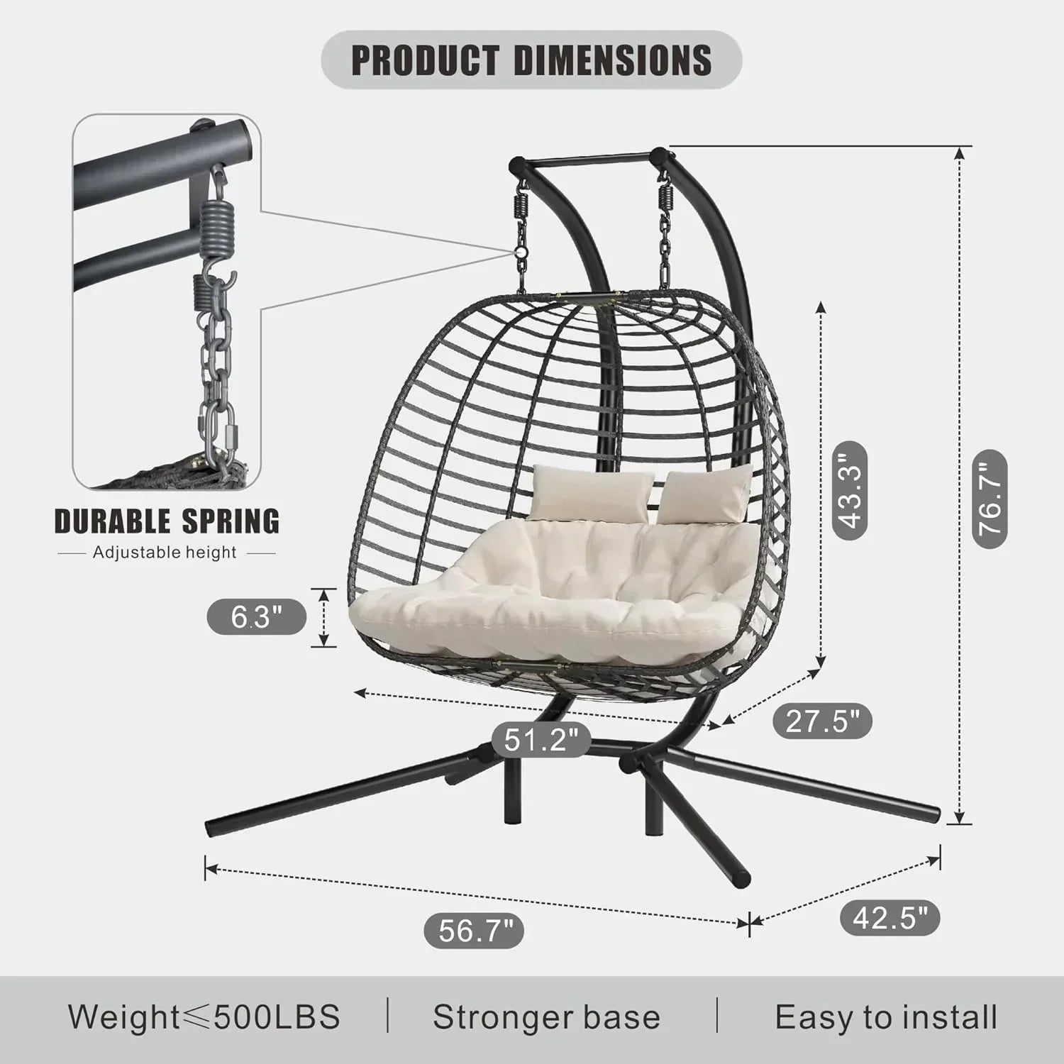 HWB Hanging Egg Chair with Stand Patio Wicker Hammock Egg Swing Chair Cushion for Bedroom wourant