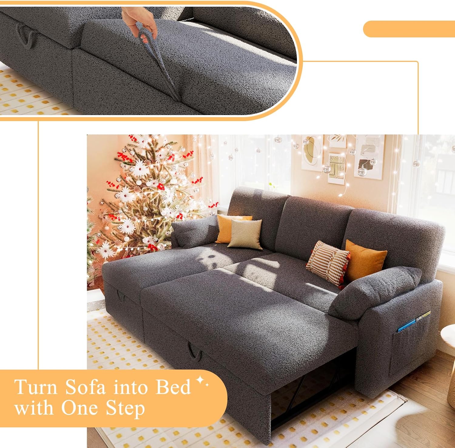 VanAcc Sofa Bed Sleeper Sofa with Storage Chaise 2 in 1 Pull Out Couch Living Room wourant