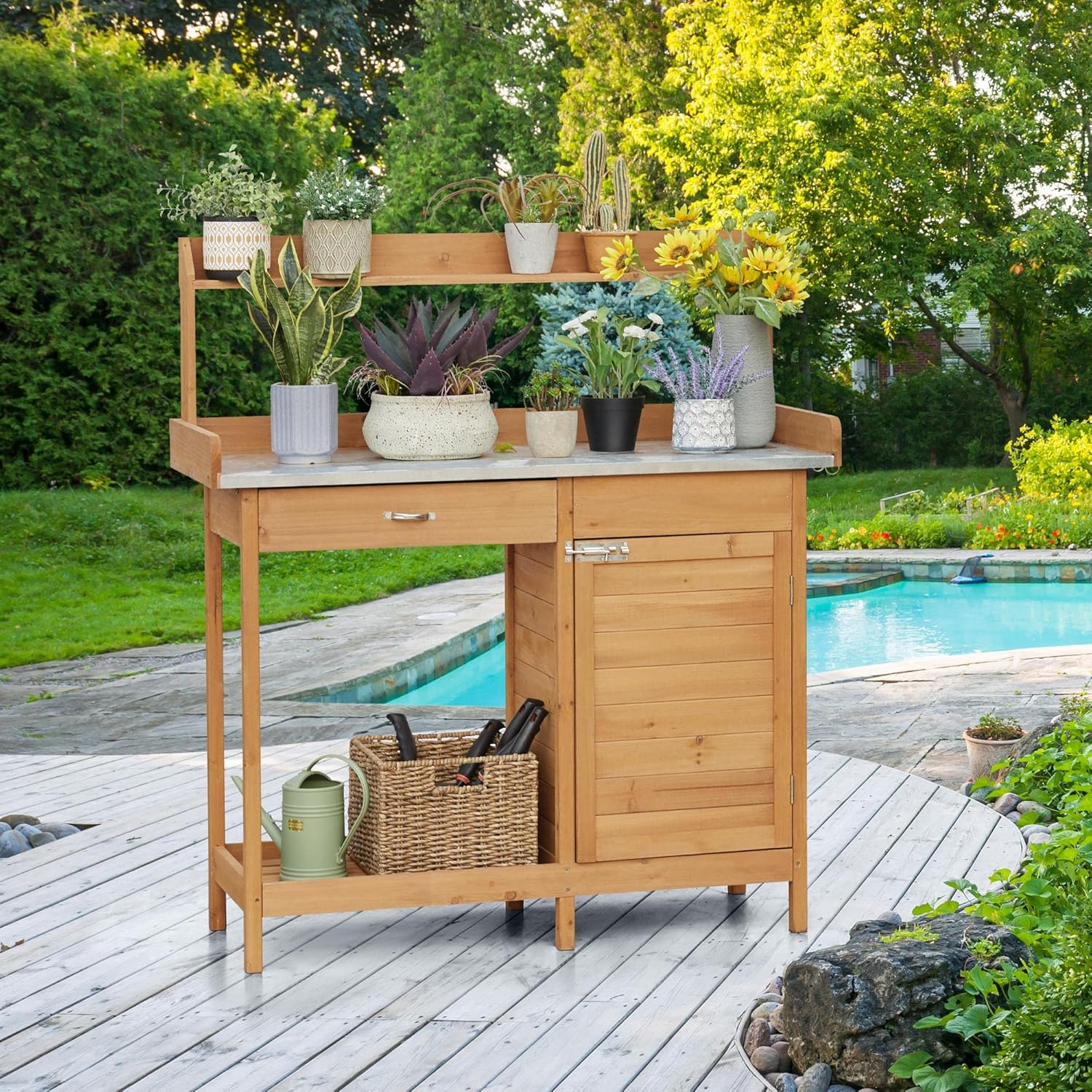 Yaheetech Outdoor Garden Potting Bench Table Work Bench Metal Tabletop Cabinet Drawer wourant