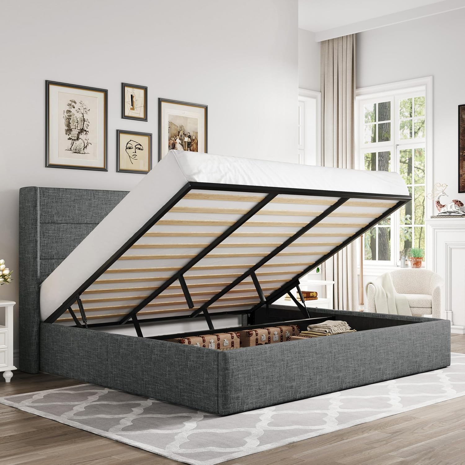 Allewie Queen Size Lift Up Storage Bed Modern Wingback Headboard Hydraulic Support wourant