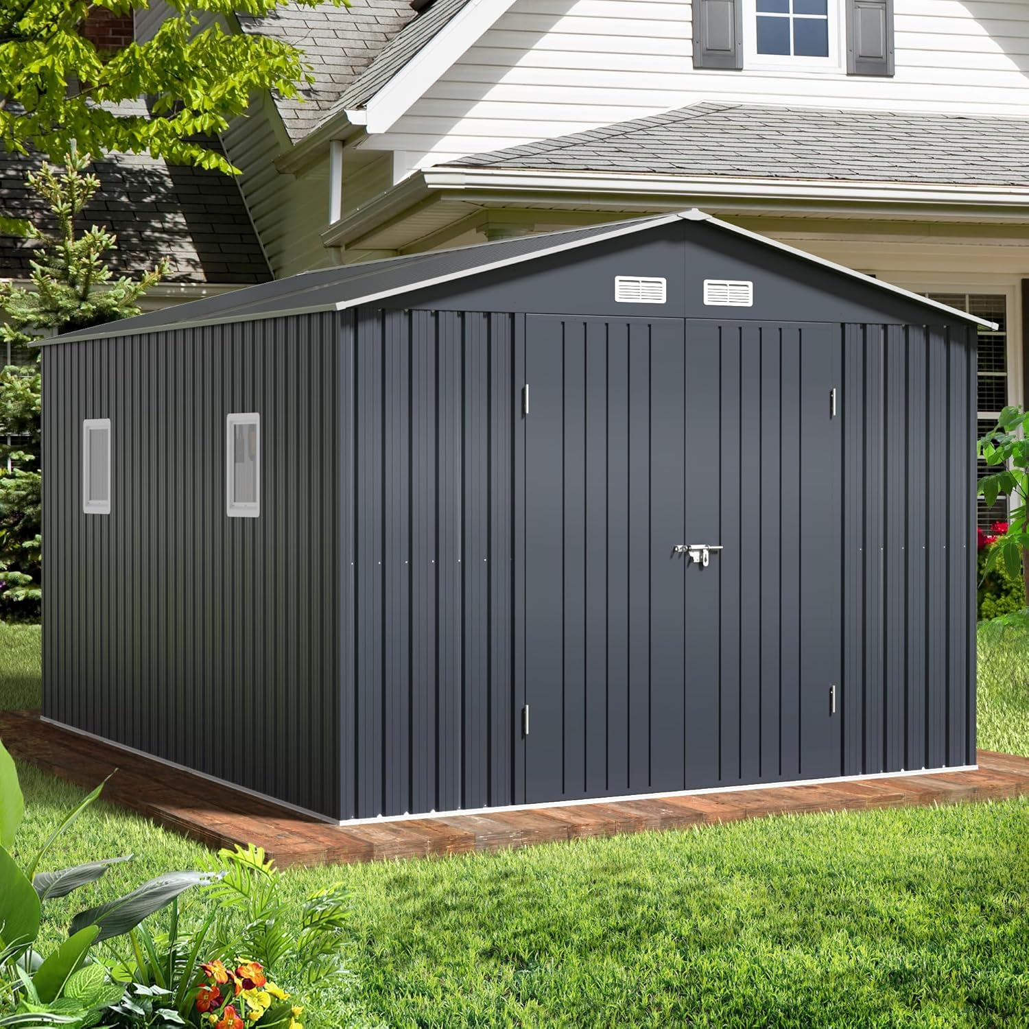 Breezz Outdoor Storage Shed 10 x 12ft. Utility Tool Shed Metal Storage Garden Shed wourant