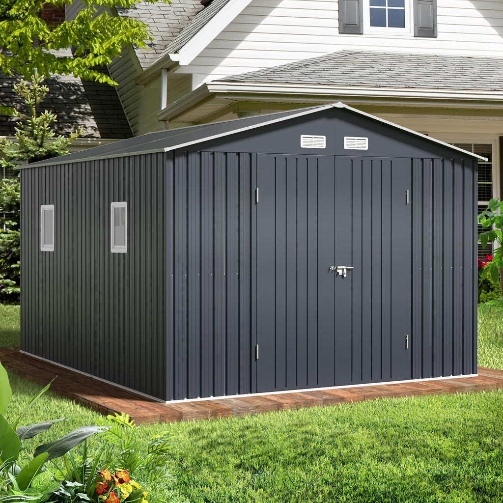 Breezz 8X10FT Outdoor Steel Storage Shed Lockable Doors Weather-Resistant Metal Tool Shed wourant