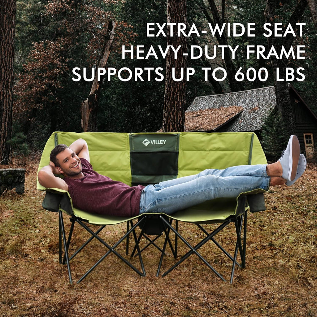 Double camping chair (with cooler bag), extra wide love seat, heavy duty padded camping sofa, portable folding chair wourant