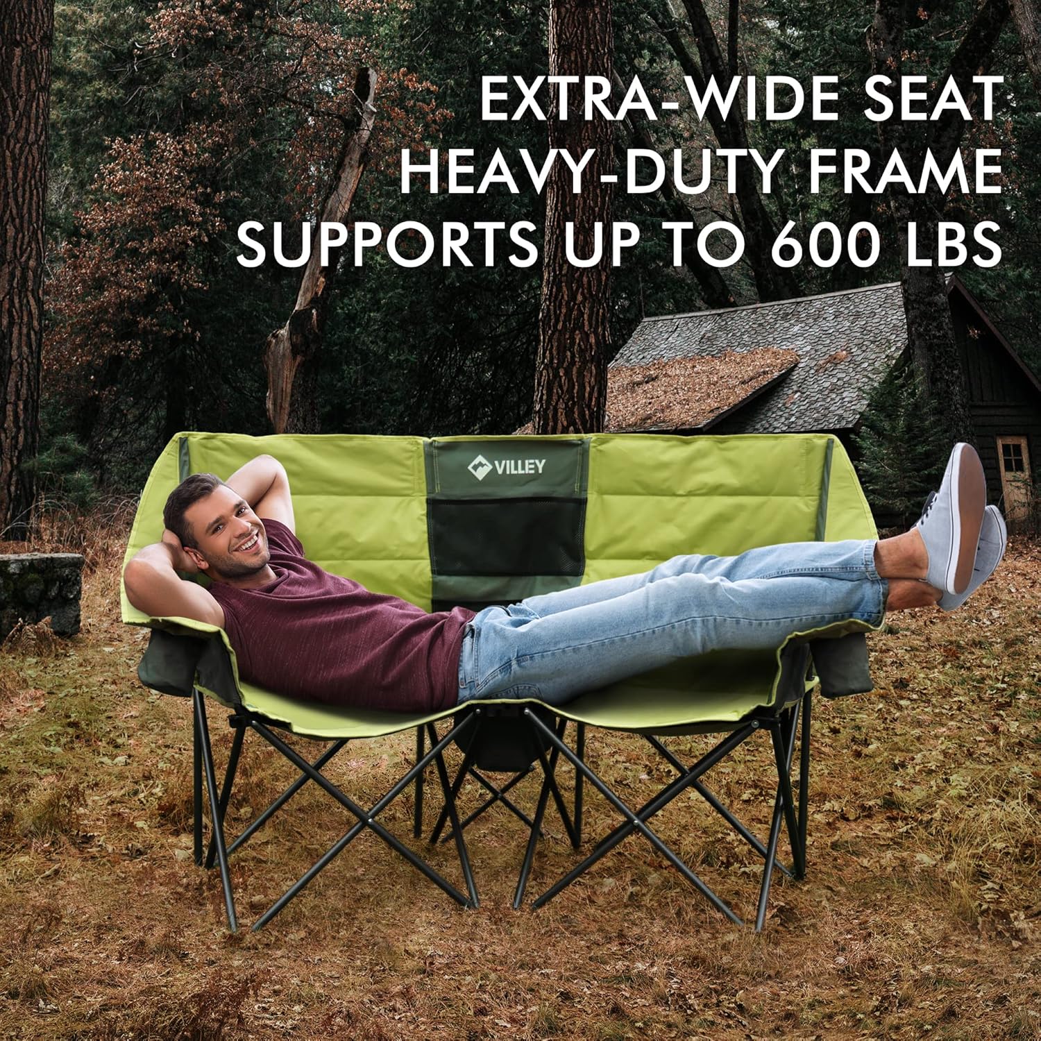 Double camping chair (with cooler bag), extra wide love seat, heavy duty padded camping sofa, portable folding chair wourant
