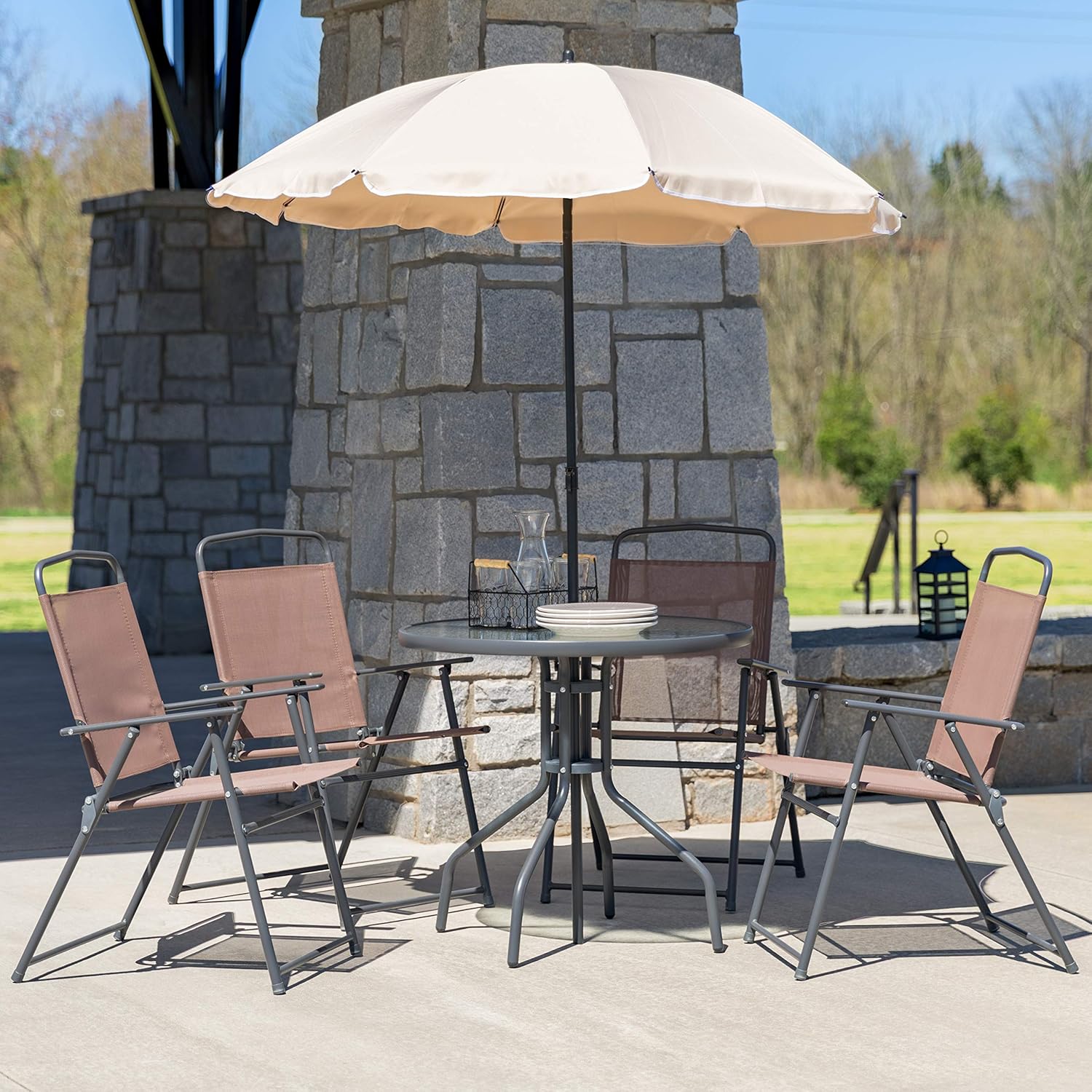 EMMA + OLIVER 6 Piece Brown Patio Garden Set with Umbrella Table and Set of 4 Folding Chairs wourant