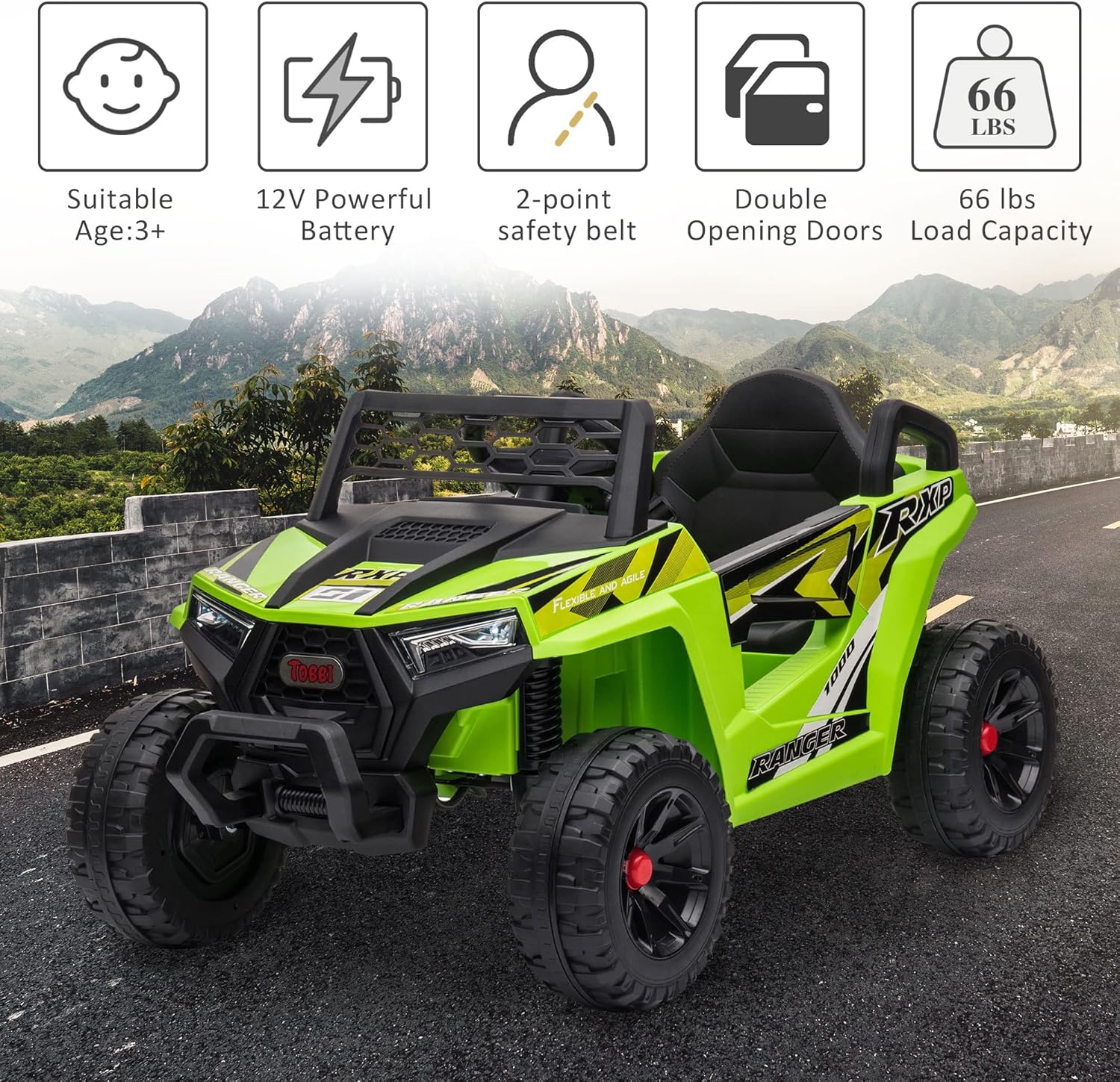 TOBBI 12V Kids Ride on Car, Electric Off-Road UTV Truck with Diverse Functions, Double Open Doors, Safety Belt, Horn, Music, and Lights for Kids Aged 3-5 Years (Rose Red) wourant