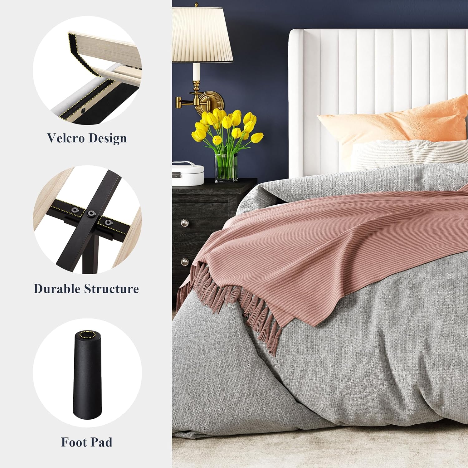Allewie Full Size Velvet Bed Frame Vertical Channel Tufted Wingback Headboard Upholstered Bed wourant