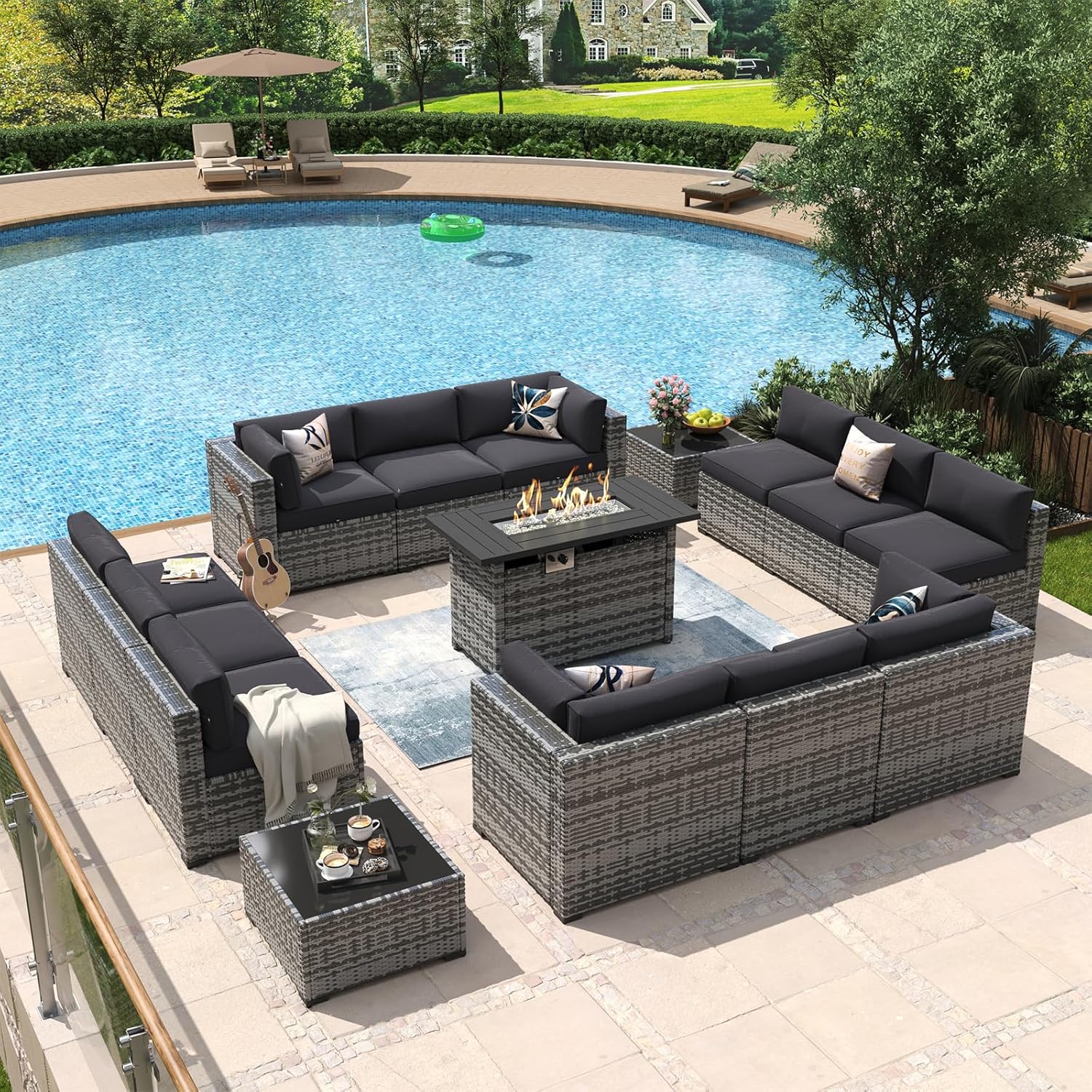 Aoxun 8 Piece Patio Furniture Set with 44?Fire Pit Table Wicker Rattan Outdoor Sectional Sofa Set with Coffee Table and Thickened Cushions, Beige (Waterproof Cover Included) woonhhop