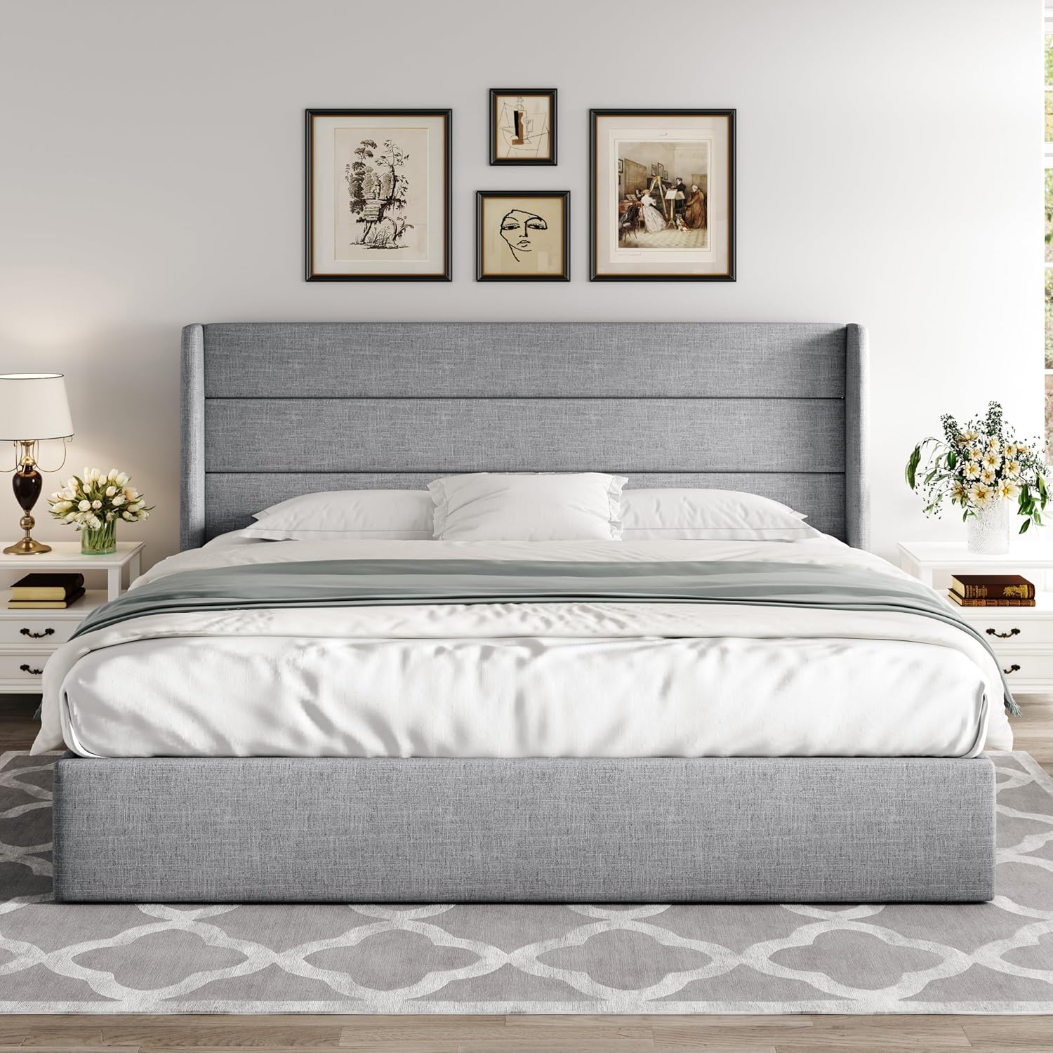 Allewie Queen Size Lift Up Storage Bed Modern Wingback Headboard Hydraulic Support wourant