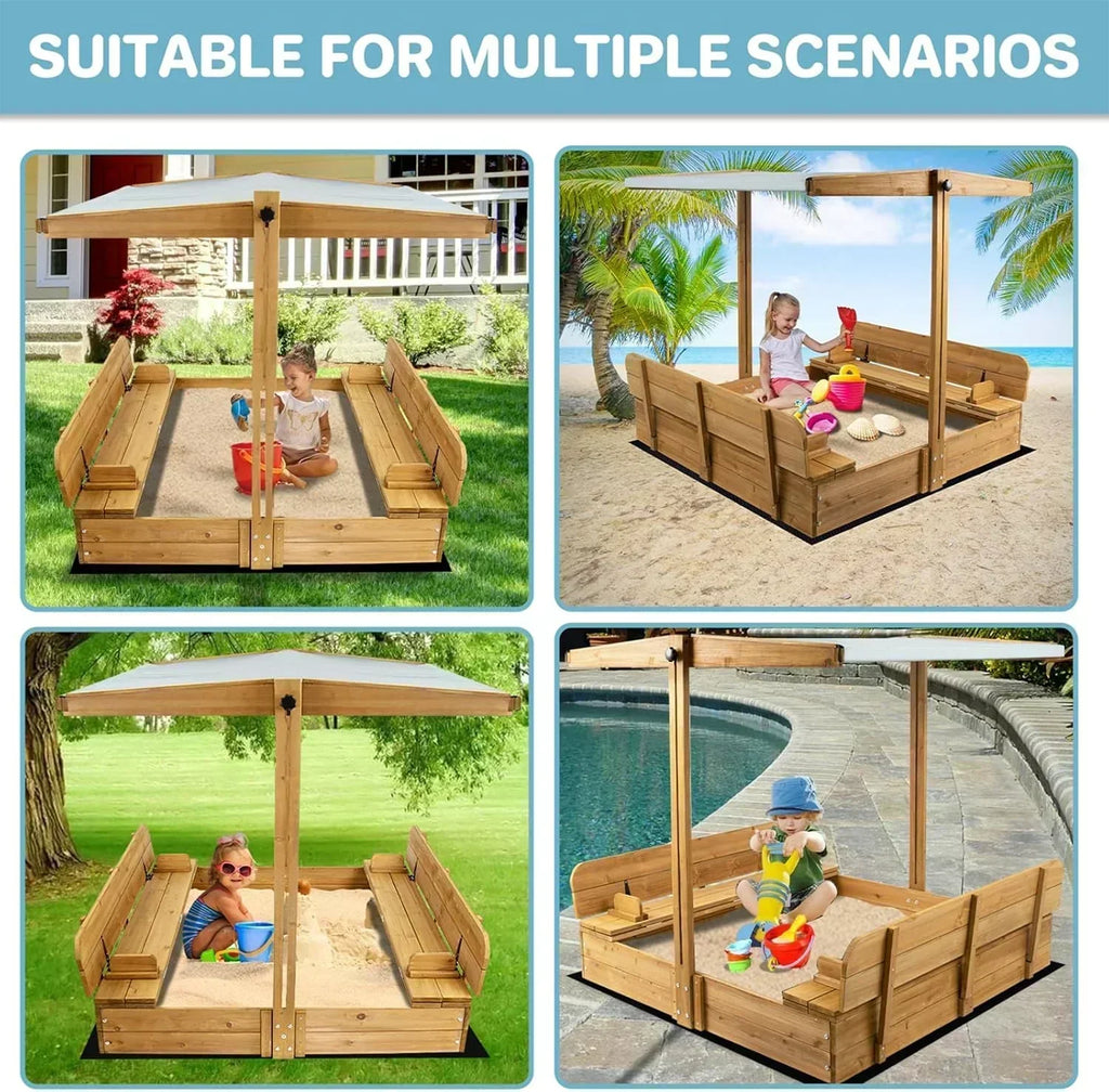 Kids Sandbox with Lid Wooden Sand Box Cover Outdoor UV-Protection Natural Wood Foldable Bench Seat wourant