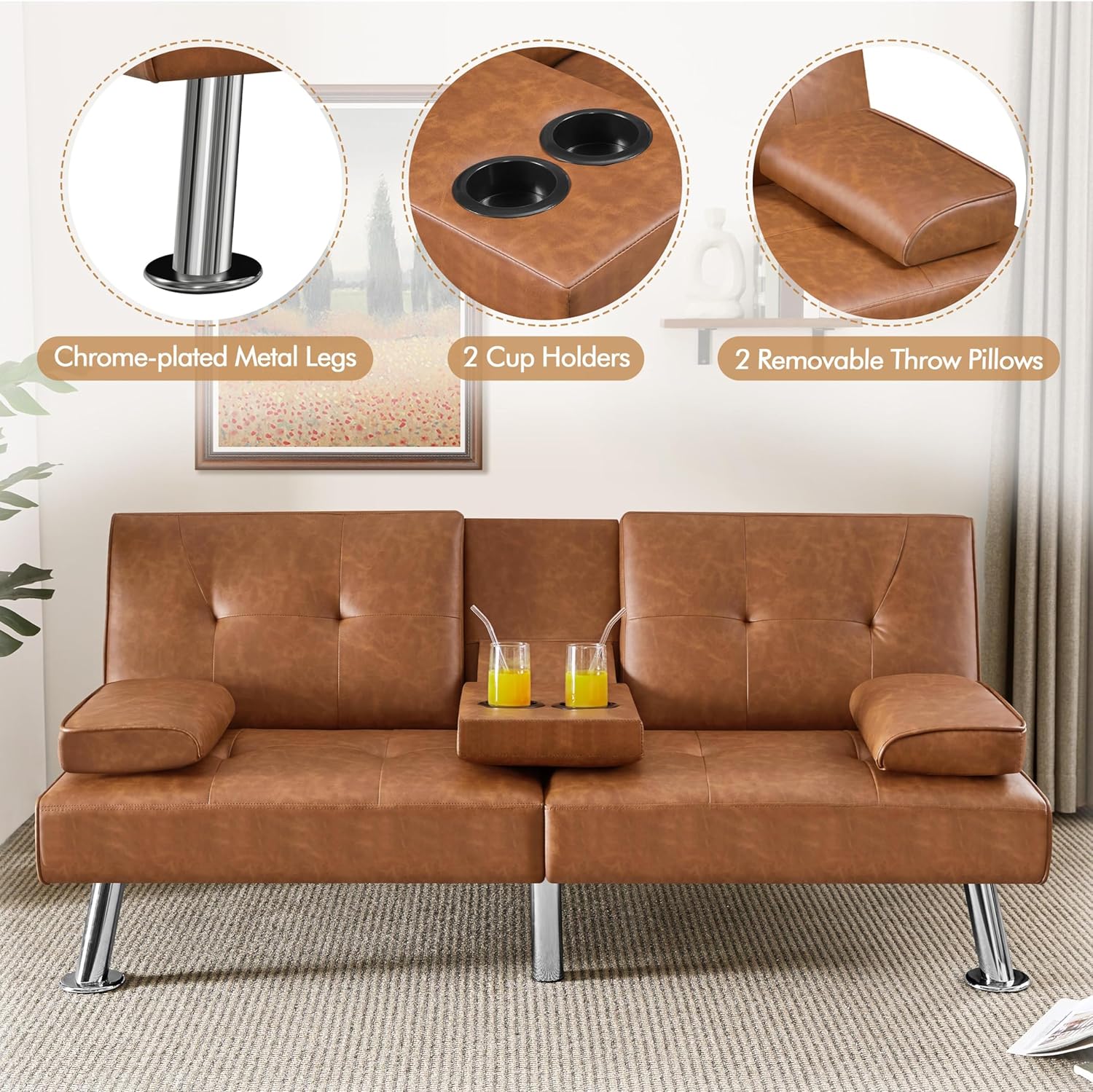 Yaheetech Convertible Sofa Bed Adjustable Couch Sleeper Modern Faux Leather Home Recliner Reversible Loveseat Folding Daybed Guest Bed, Removable Armrests, Cup Holders, 3 Angles, 772lb Capacity, Brown wourant