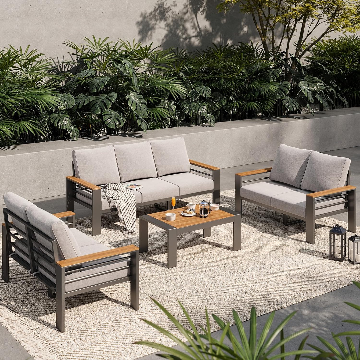 Aoxun Aluminum Outdoor Patio Furniture Set, 5 Seats Outdoor Sectional with Coffee Table, Patio Conversation Sets with Upgraded Armrests and Cushions for Backyard, Garden and Poolside woonhhop