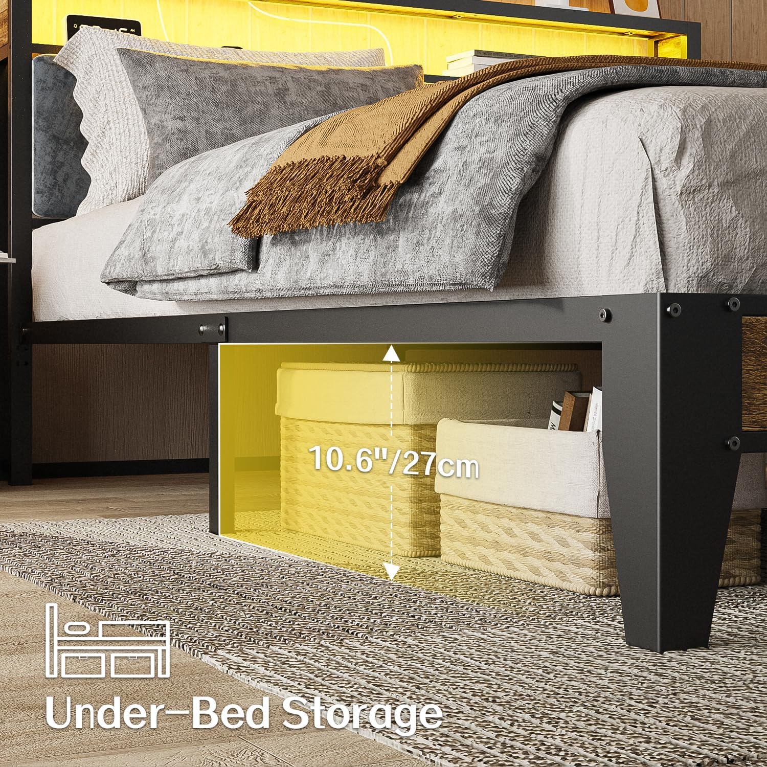 OLEVS Single Bed Frame LED Light Storage Headboard Charging Station Metal Platform Bed wourant