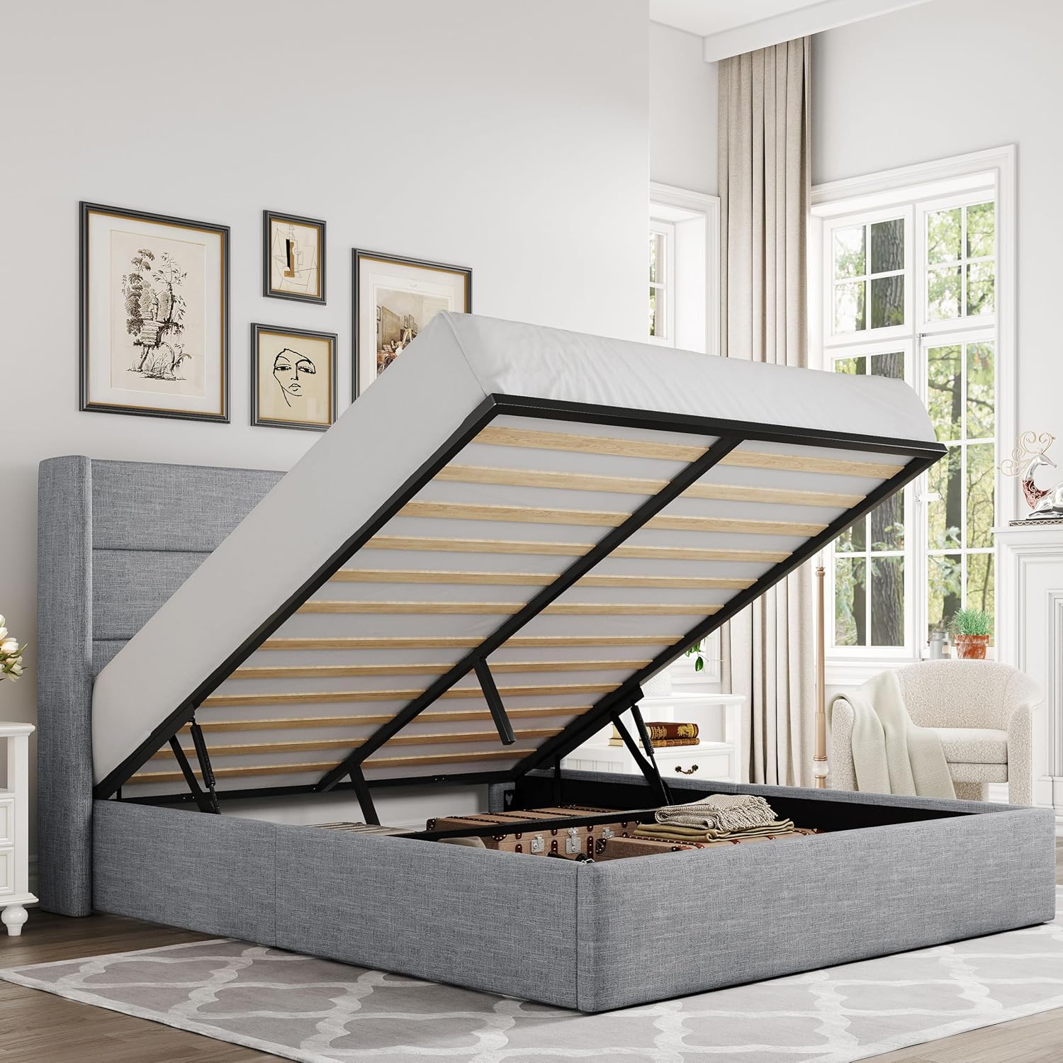 Allewie Queen Size Lift Up Storage Bed Modern Wingback Headboard Hydraulic Support wourant