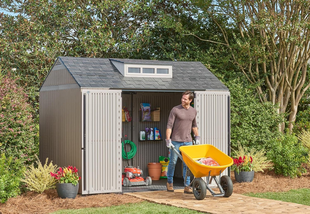 Rubbermaid Resin Outdoor Storage Shed With Floor (7 x 7 Ft) Weather Resistant Gray Organization for Home/Backyard/Garden Tools/Lawn Mower/Bike Storage/Pool Supplies wourant