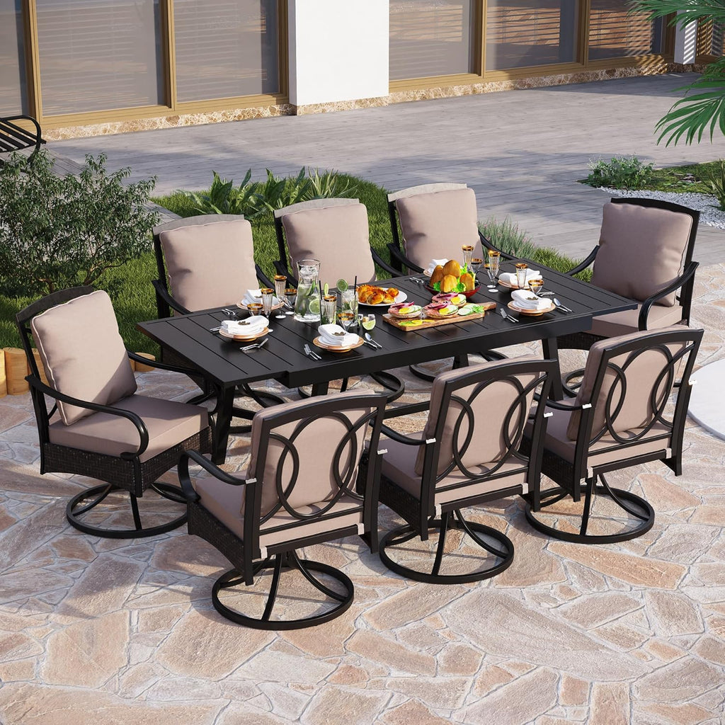 PHI VILLA 6-Piece Outdoor Dining Sets, All-Weather Patio Table and Chairs Set with Umbrella for 4, Heavy Duty Patio Round Table Set for Deck, 4 Extra Large Outdoor Swivel Chairs with Thick Cushions wourant