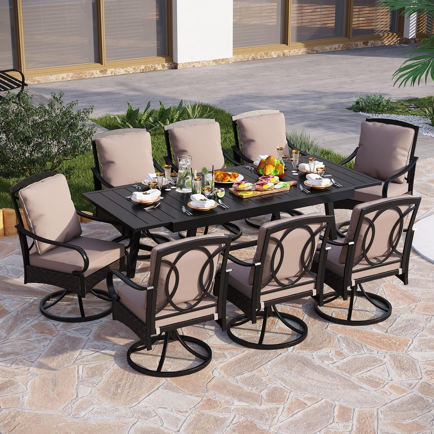 PHI VILLA 6-Piece Outdoor Dining Sets, All-Weather Patio Table and Chairs Set with Umbrella for 4, Heavy Duty Patio Round Table Set for Deck, 4 Extra Large Outdoor Swivel Chairs with Thick Cushions wourant