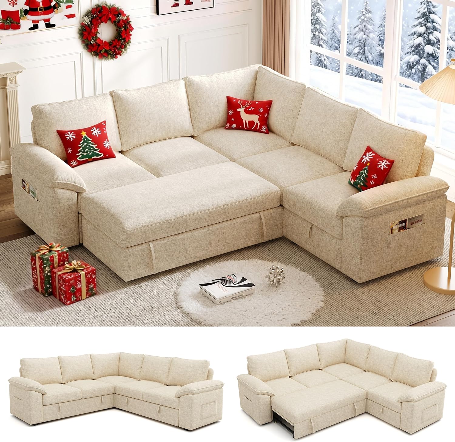 108 Inch Sectional Sleeper Sofa with Pull Out Bed, U Shaped 7 Seat Modular Sectional Sofa wourant