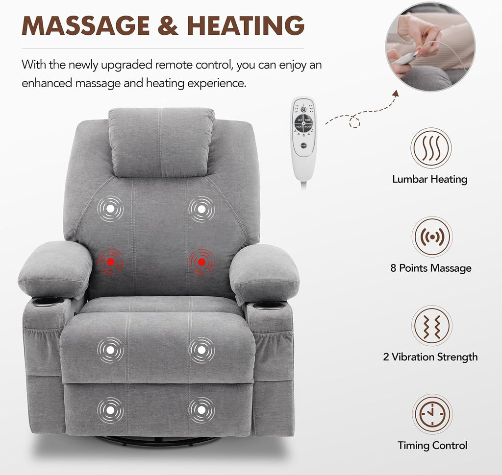 Large Swivel Rocking Recliner with Heating and Massage Function, 360 Degree Swivel Rocking Single Sofa wourant