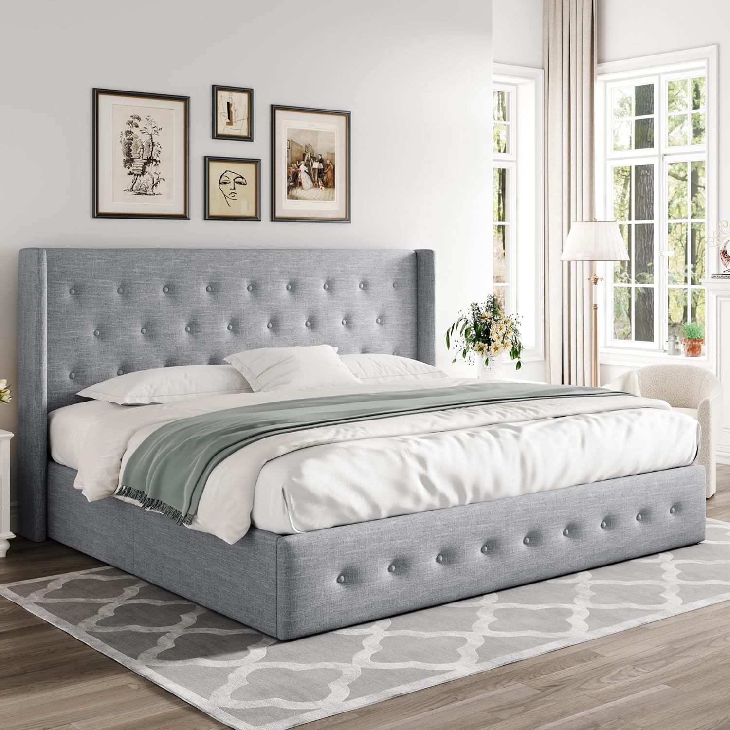 Allewie Queen Size Lift Up Storage Bed Modern Wingback Headboard Hydraulic Support wourant