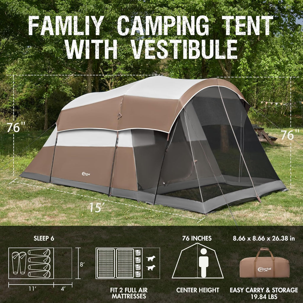 PORTAL 6/8/10 Person Family Camping Tent with Screen Room, Water Resistant Big Tunnel Tent with Rainfly, Large Family Tent for Outdoor Camping, Party wourant